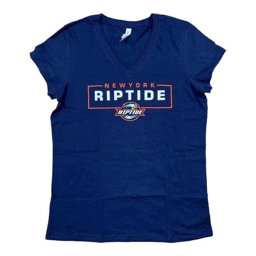 New York Riptide Lacrosse V-Neck T-Shirt Women's XL Primary Logo Navy Tee NWT